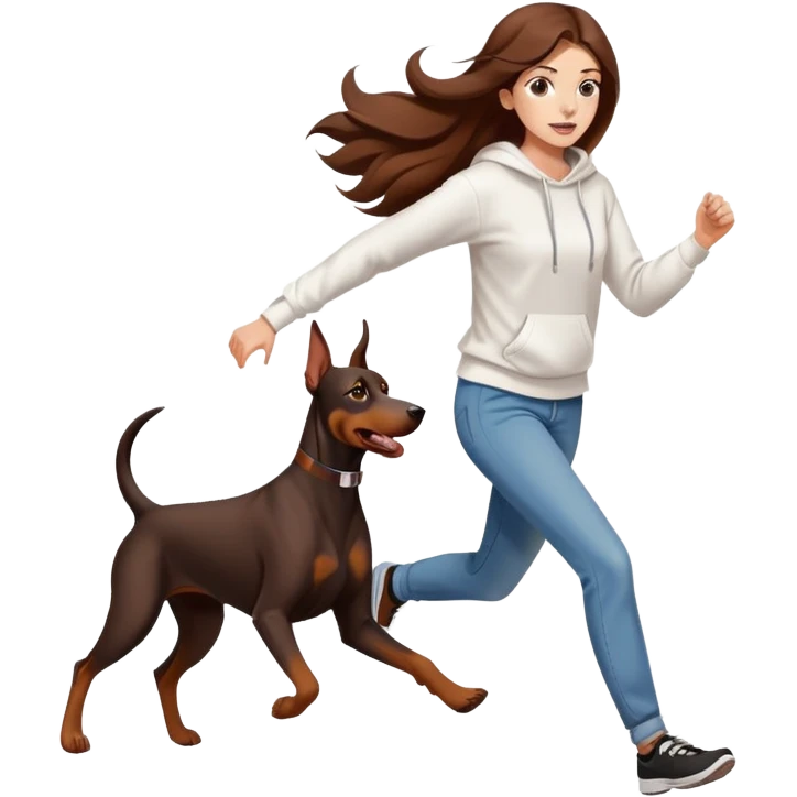 A beautiful girl with long hair wearing a white sweatshirt and jeans is running with a Doberman emoji