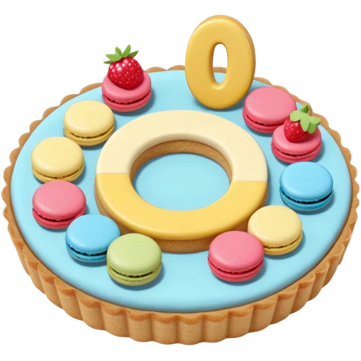 number-shaped cookie cream tart with Macarons, Fruit, and Candy toppings, simplified, clear, emoji-like, no faces emoji