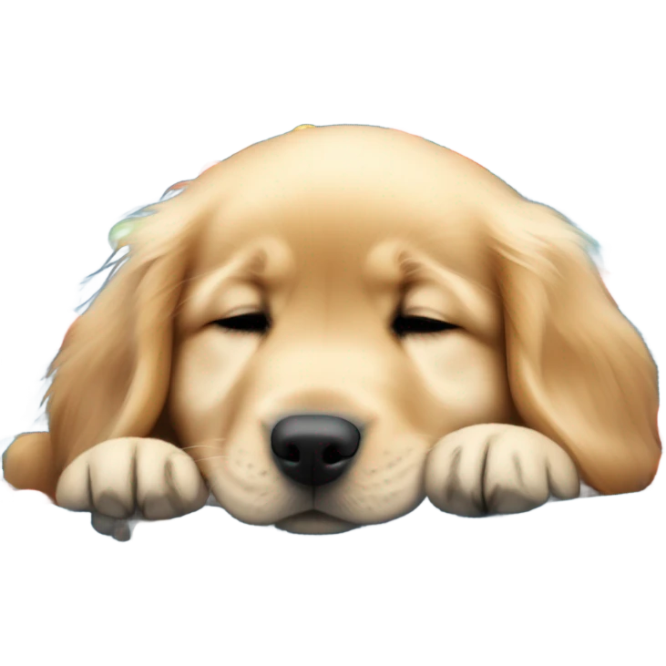 A sleeping golden retriever puppy in a fuzzy blue dog bed with balls surrounding it  emoji