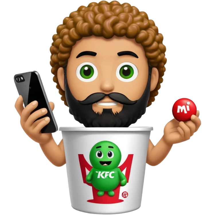 KFC bucket with a green M&M character sitting inside it, the M&M has a black beard, curly hair, and is holding an iPhone emoji