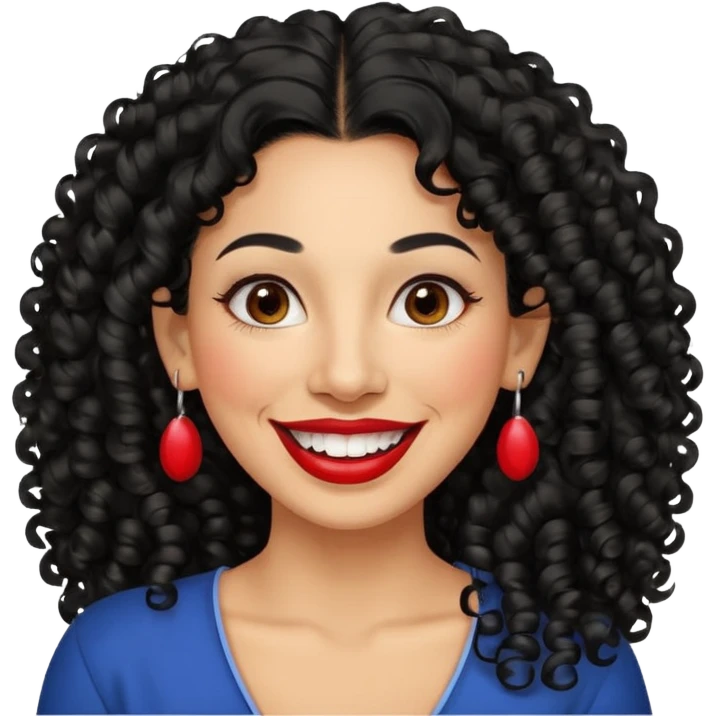 40 yr old peruvian woman, very curly long black hair, red lipstick, big smile, white teeth, brown eyes, hoop earings emoji