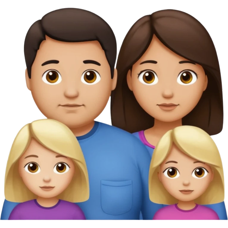Familia de 4 personas : Hombre gordito,pelo oscuro, Mujer pelo cafe, hija pelo mono , hija pelo oscuro. emoji