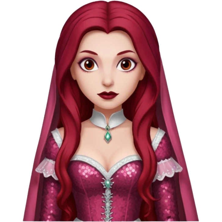Aleera, Bride of Dracula from Van Helsing with long dark red hair, light pink sequin outfit emoji