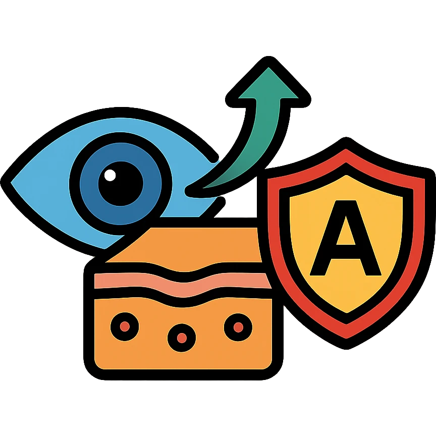 Vitamin A benefits: normal healthy eye, regenerating normal skin cells, and immune system shield emoji