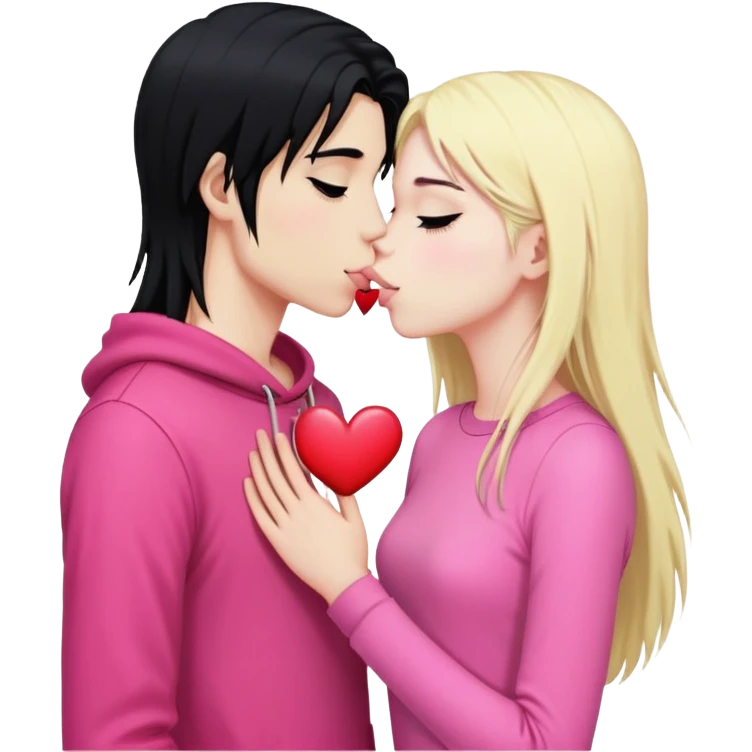 Emo boy with long black emo hair kissing o long blonde girl pink clothes heart emoji