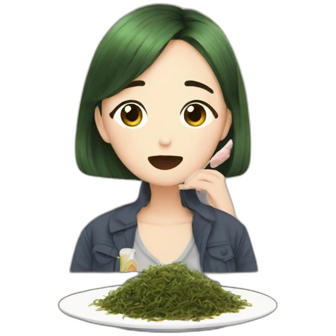 Girl watching television about kpop while eating toasted seaweed emoji