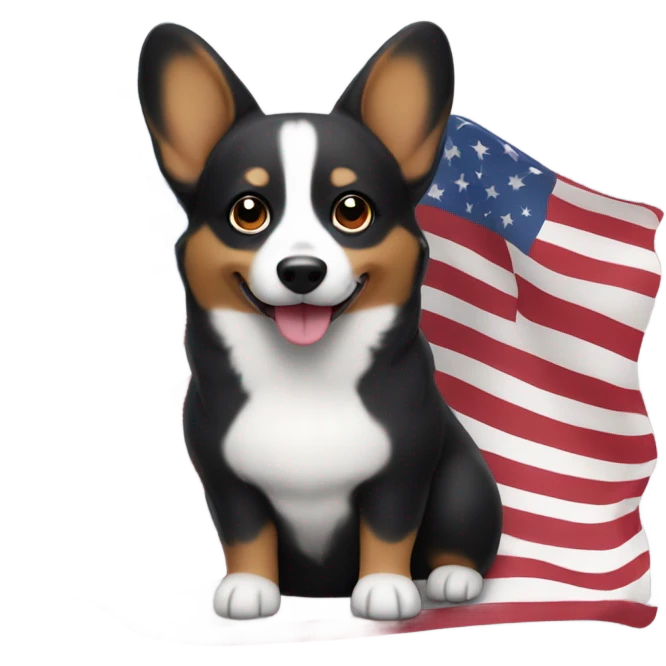Black corgi with no tail waving an American flag emoji