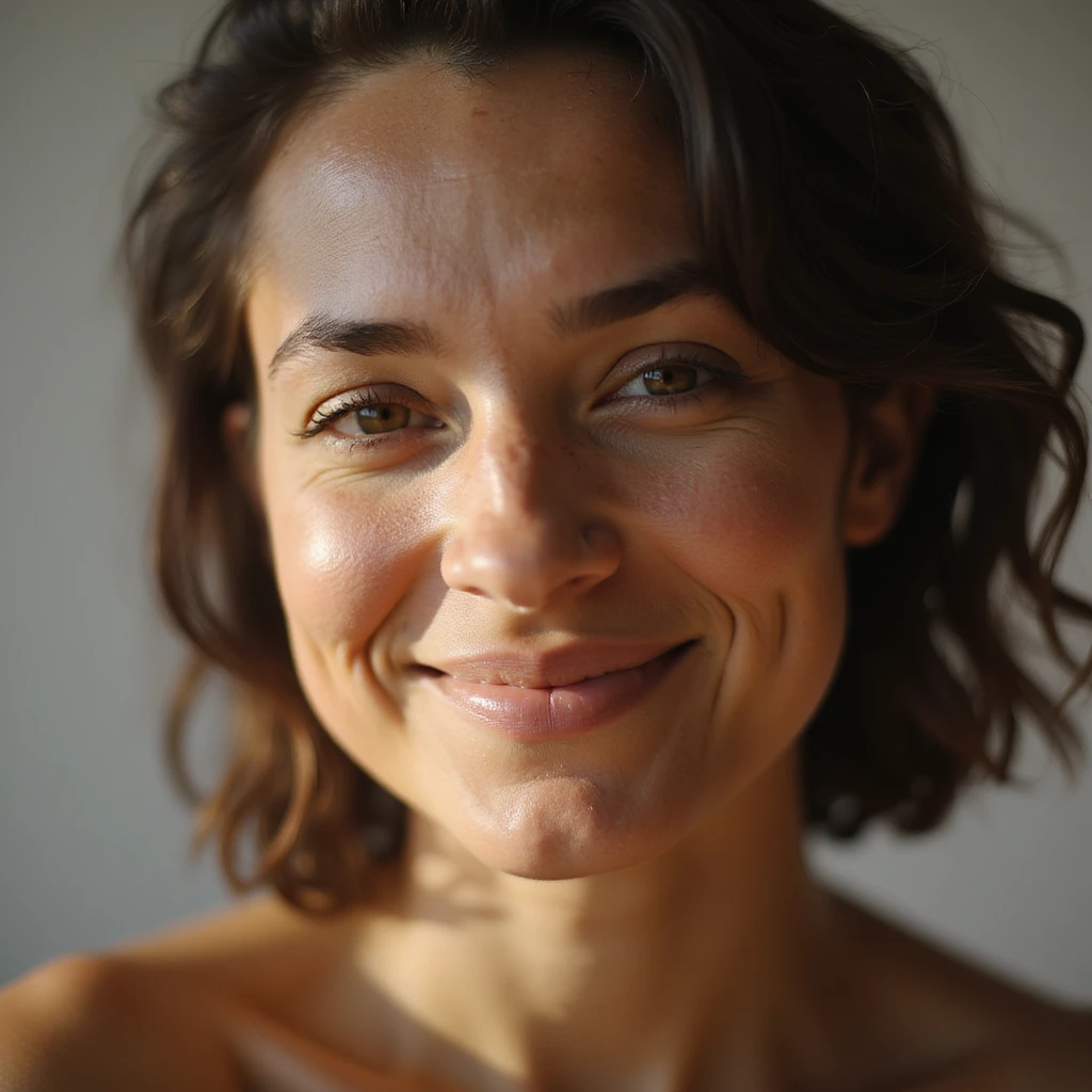 hyperrealistic 4K intimate portrait of a confident woman with PCOS, natural facial hair and acne shown naturally, smiling warmly, soft sunlight highlighting her features, warm and inviting tones, celebrating natural beauty, raw and unfiltered emoji