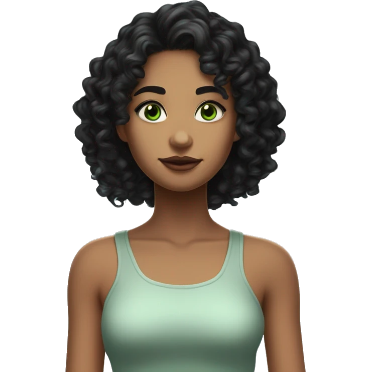 long curly black hair,eyes with a hint of green, eyes positive  canthal tilt ,medium thick shaped eyebrows , and medium thin lips, round face shape, soft jawline, full body, teen, sensual, american emoji