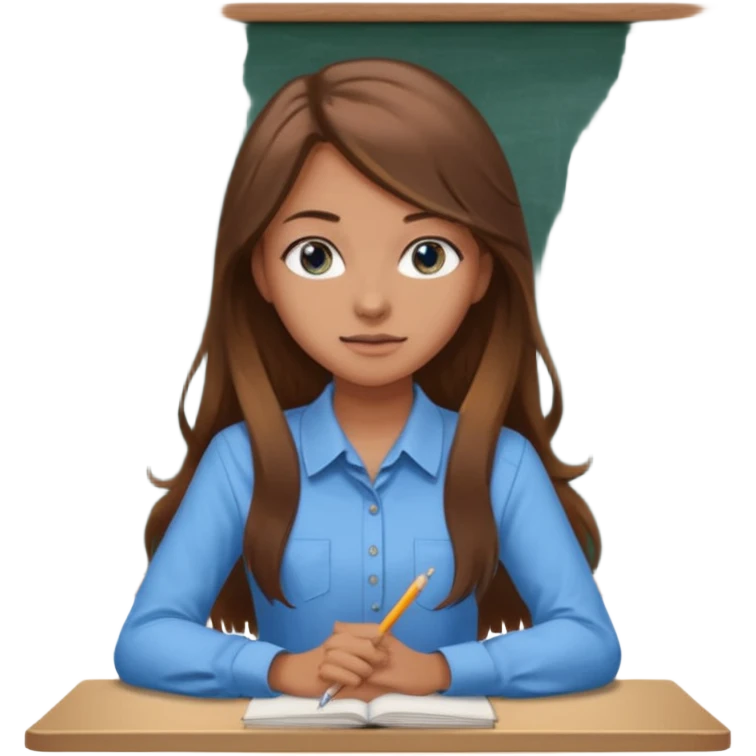 high school class room with a pretty female high school student with long brown hair, blue eyes sitting in front of the blackboard emoji
