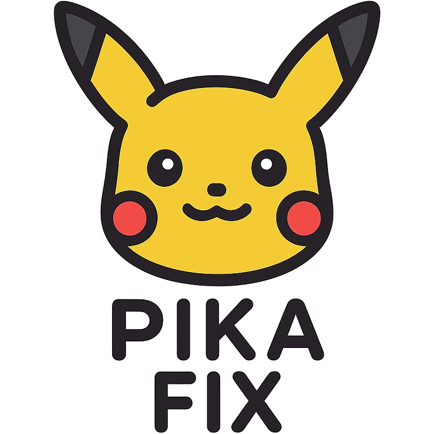 icon of Pikachu's head with the text 'PIKA' in uppercase below and 'FIX' in uppercase below that, clear and cute style emoji