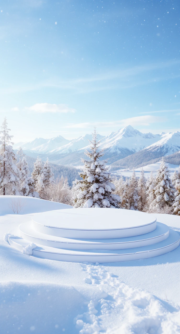 Cinematic still of a winter landcape, sunny day, white circle stage on middle, snowy,christmas tree in snow, in background we can see beautifull snowy landscape, soft light, symmetrical, day --no curtains emoji