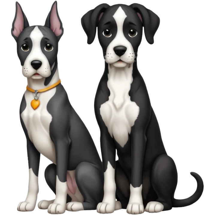 Adult Black and white great dane dog with cropped ears sitting with a small black and white cat emoji
