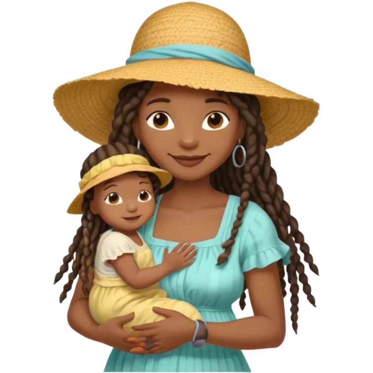 A black mom with long dread lock hair in a sunhat holding her baby gently, wearing a sun-dress while smiling softly. emoji