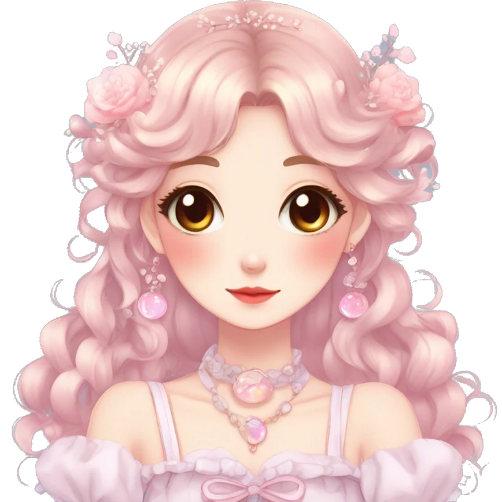Gorgeous anime style lady with blushing face and accessories cottagecore fairycore Kawaii anime colorful pearly romantic aesthetic trending style emoji