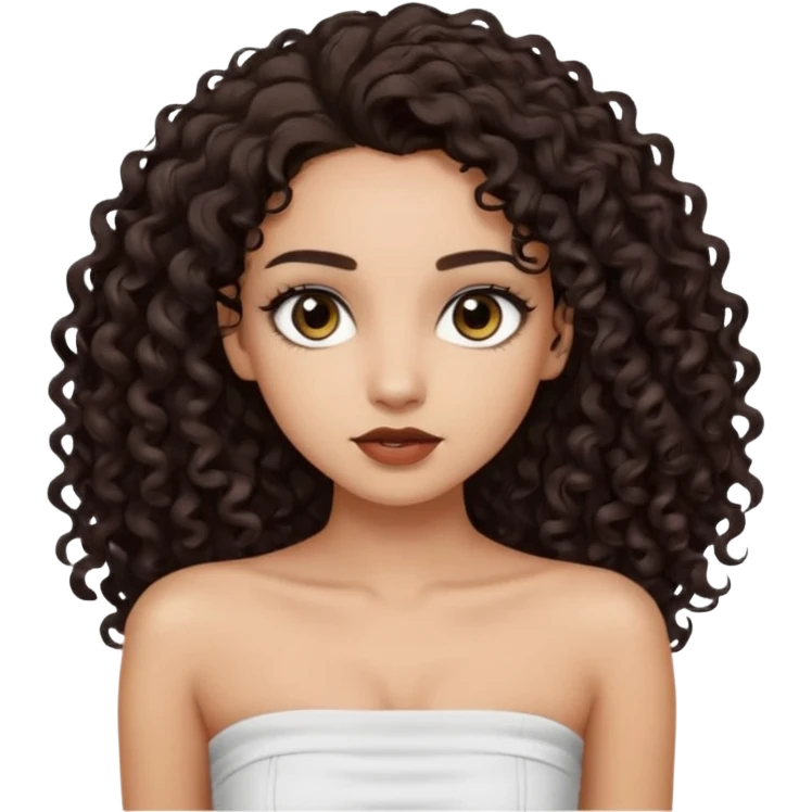 Woman with light skin and super dark brown-almost black colored irises eyes and  dark brown long curly hair that’s waist length curly hair and white tube top with no straps emoji