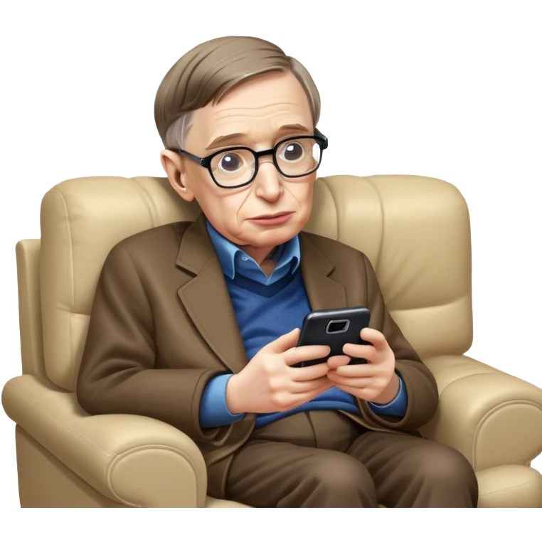 Stephen Hawking with glasses sitting on a couch playing a mobile phone game emoji
