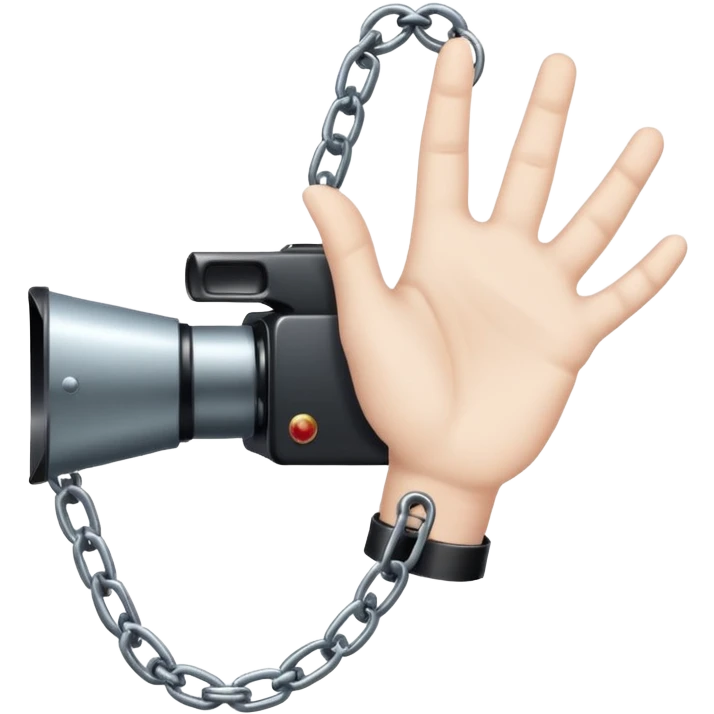 Minimalist emoji-style sticker of a human hand bound by a chain leading to a video camera. Icon-like, clean silhouette, muted tones. emoji