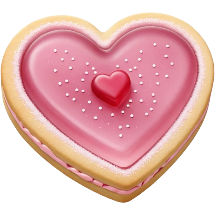 Realistic shortbread cookie in the shape of a heart with pale pink jelly middle filling and sprinkled powder sugar on top. emoji