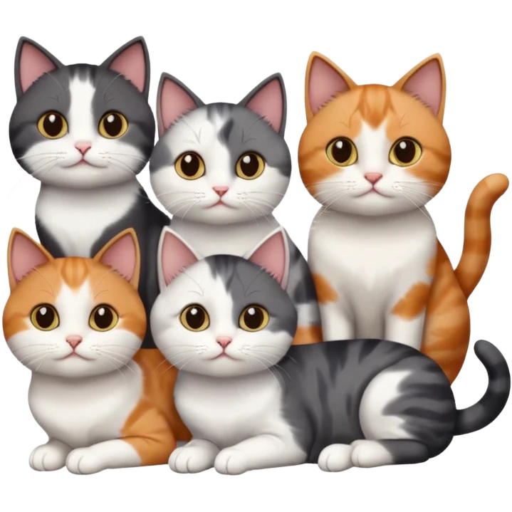 5 different coloured short haired cats including; a dark brown and white cat, and a dark grey and white, and a calico emoji