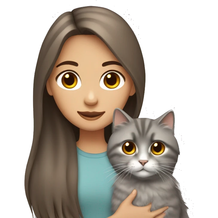 Brown straight hair girl with holding fluffy Siberian gray cat  emoji