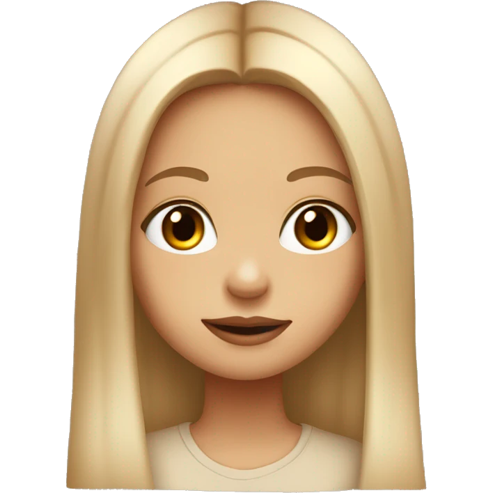 girl with light long straight hair, in beige t-shirt, baby face, small nose, big lips, brown eyes emoji