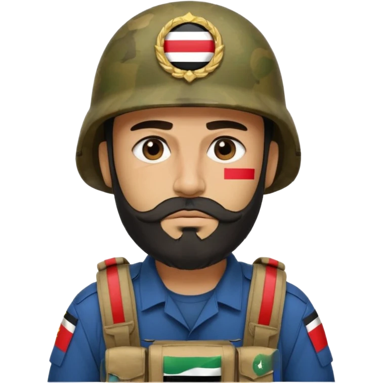 A tired, swarthy Iraqi soldier with a beard, an Iraqi flag on his helmet, a sad expression and bags under his eyes emoji