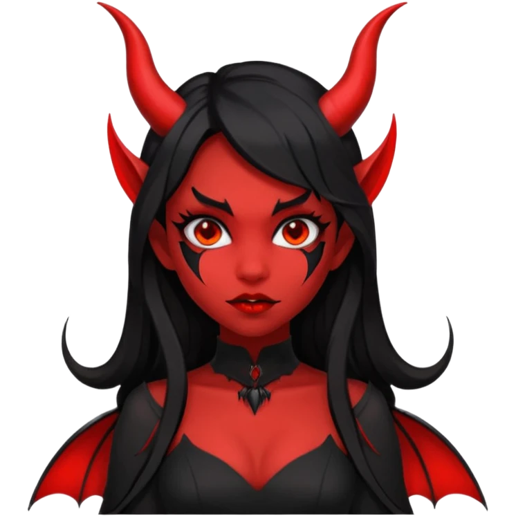demon girl, skin red , black long hair, small horns, bat wing, black open-back dress, bold black outlines, red+black palette emoji