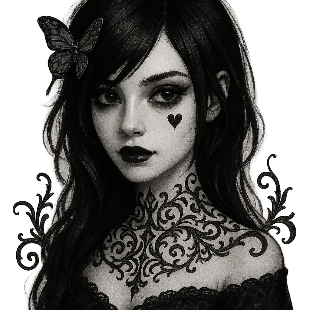 elegant emo girl with heart face, gothic filigree, butterfly hairpin, dark hair, mysterious vibe emoji