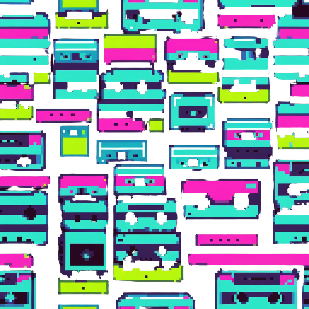 icon representing the 1980s with retro elements like cassette tape, neon colors, and geometric shapes emoji