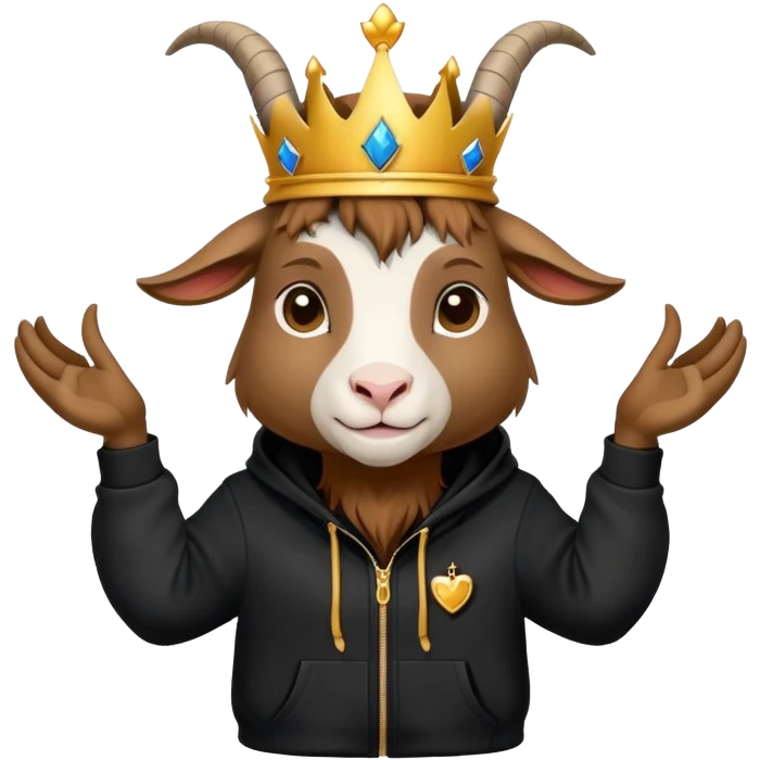 Goat with horns wearing black hoodie and a royal crown do the love emoji