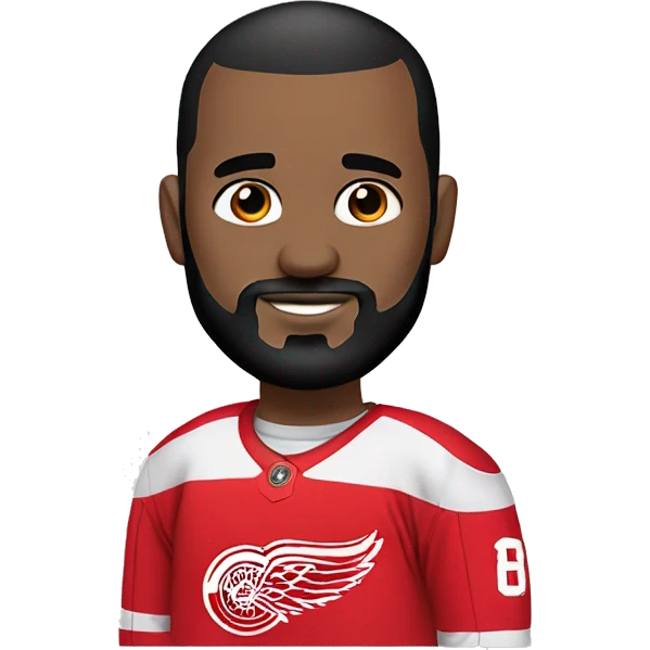30 year old White bald man with black facial hair. Detroit red wings jersey  emoji