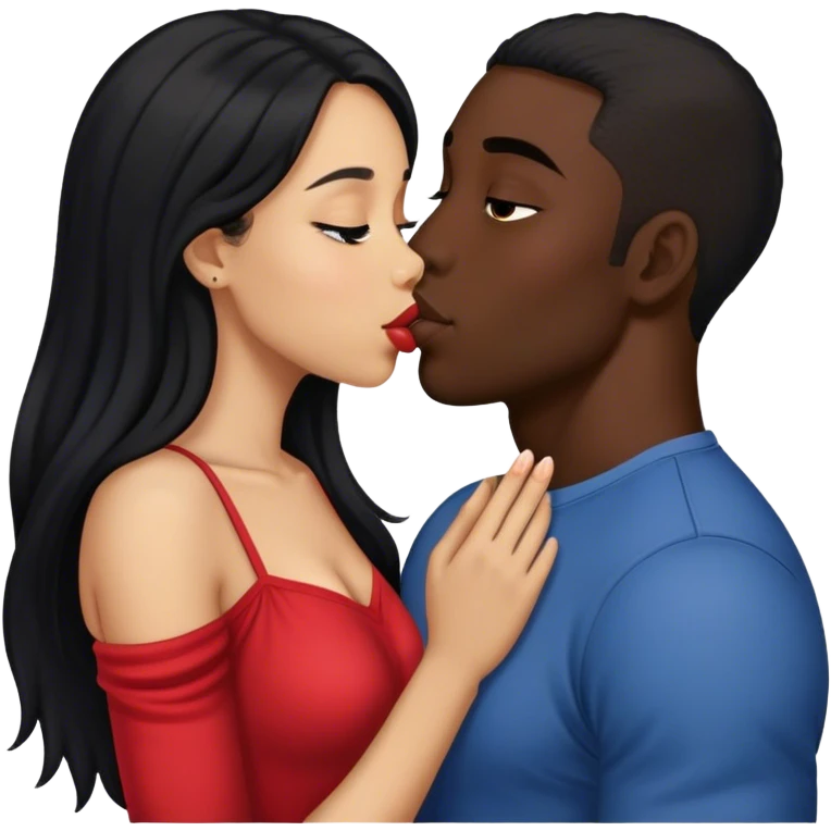 light skin girl with long black hair kissing a dark skin man emoji