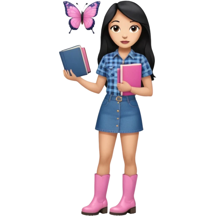 A plus-size light-skinned Black woman is wearing makeup. She has long, straight, waist-length black hair and is wearing a short-sleeved flannel shirt with a pink butterfly print, a denim miniskirt, and pink boots. She is standing and holding a book with her forearm raised. emoji