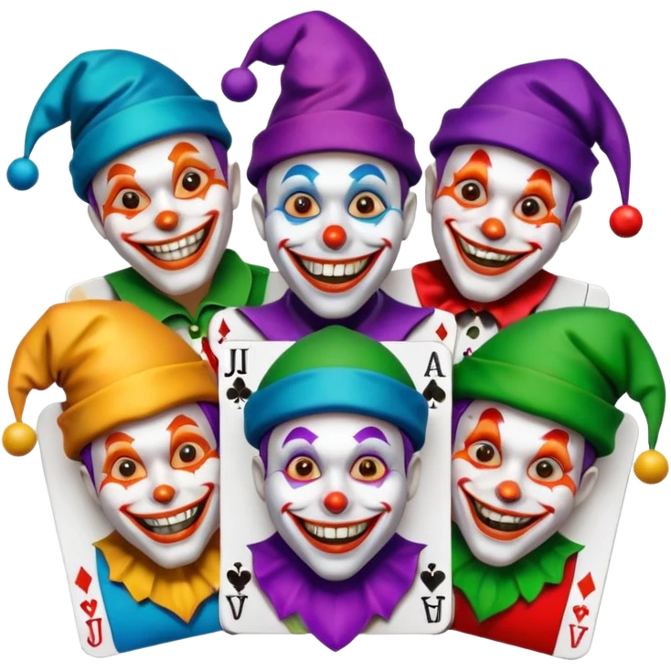 3 poker cards, with crazy colorful human jolly jokers inside, face and torso only emoji