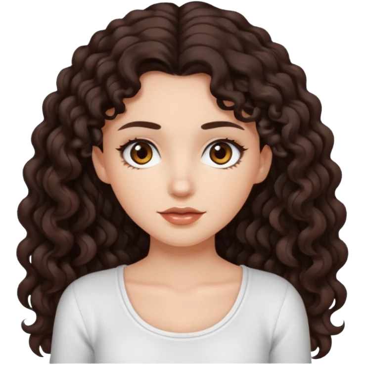 aesthetic white girl with dark brown long curly hair and darkbrown eyes  , white top emoji