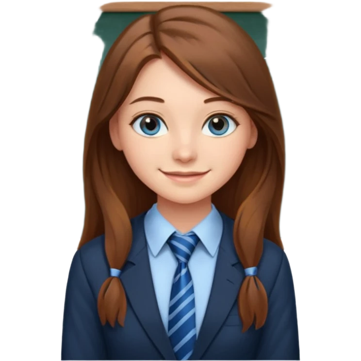 high school class room with a pretty female high school student with long brown hair, blue eyes, wearing a tie, sitting in front of the blackboard emoji