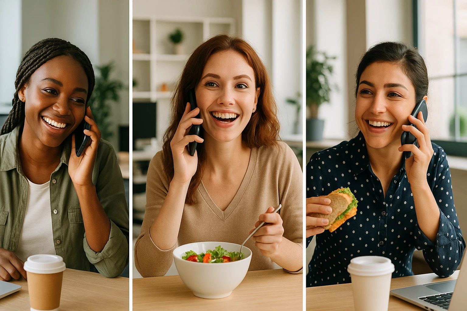 Three young women, all in different offices, on the phone with each other during lunch break, modern work environments, lively and social expressions, modern office backgrounds, business casual attire, relaxed and friendly atmosphere. emoji