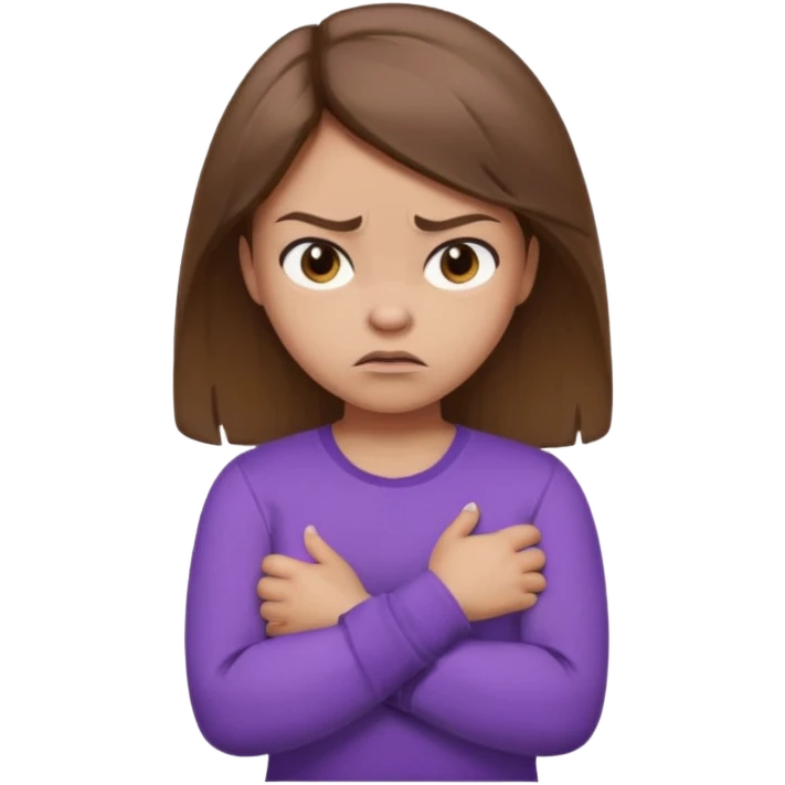 Girl with brown hair crossing arms in front of her chest and making an angry face with a purple longsleeve shirt on and be more pouty make her skin lighter emoji