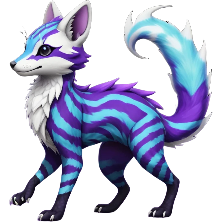 Feral Rare Fantasy  Black-Dark-Vortexed Lightning-strike-zig-zag-patterned striking purple-indigo-violet-blue-cyan-gradients with black points, white underside, galactic stormy edgy badass realistic Vernid-Sergal-Genet-Trico-species by LiLaiRa, random markings, tufted tail, tufted ears, full body emoji