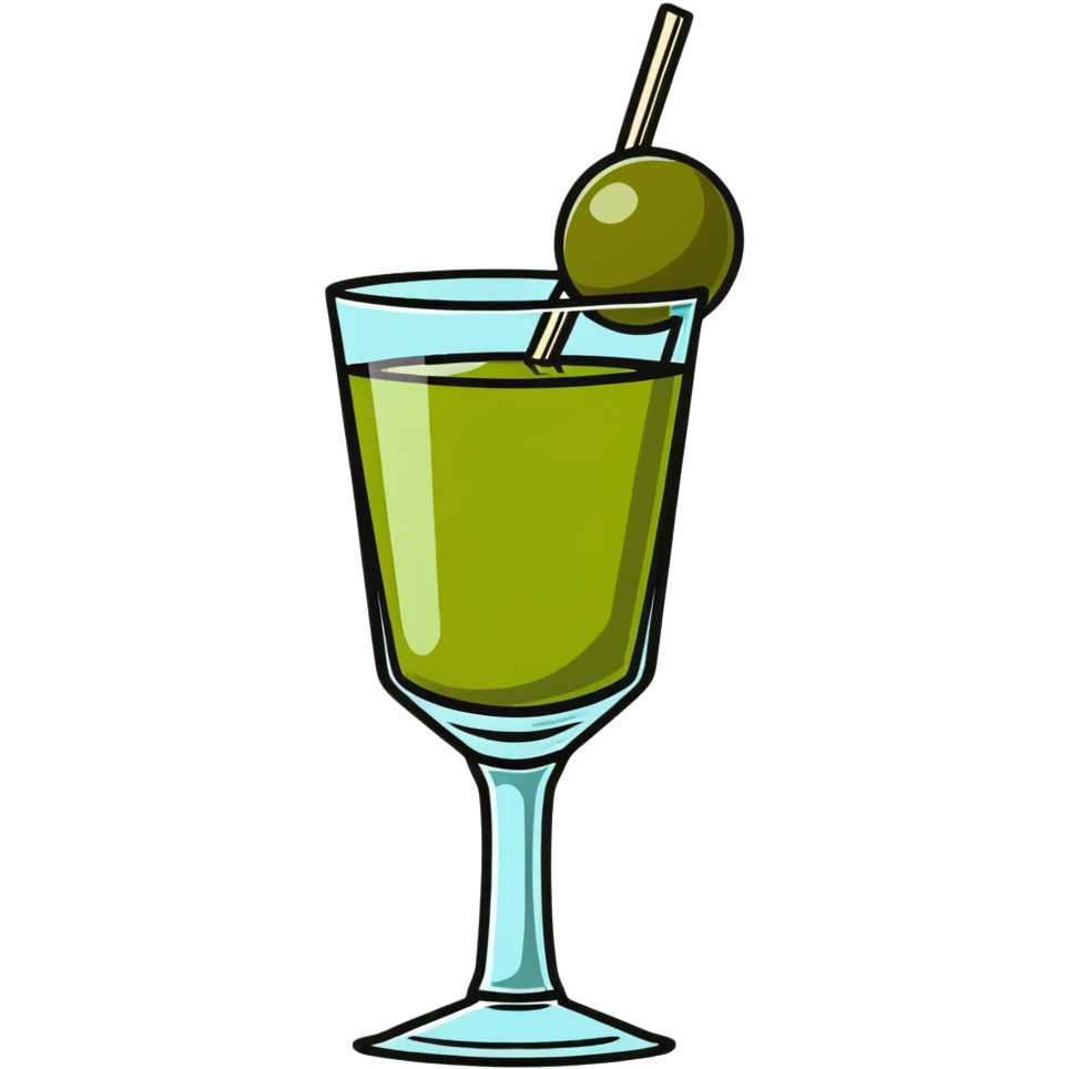 classic cocktail glass with perfectly clear colorless liquid like pure water, completely transparent with no tint, containing a green olive speared on a toothpick at the bottom emoji