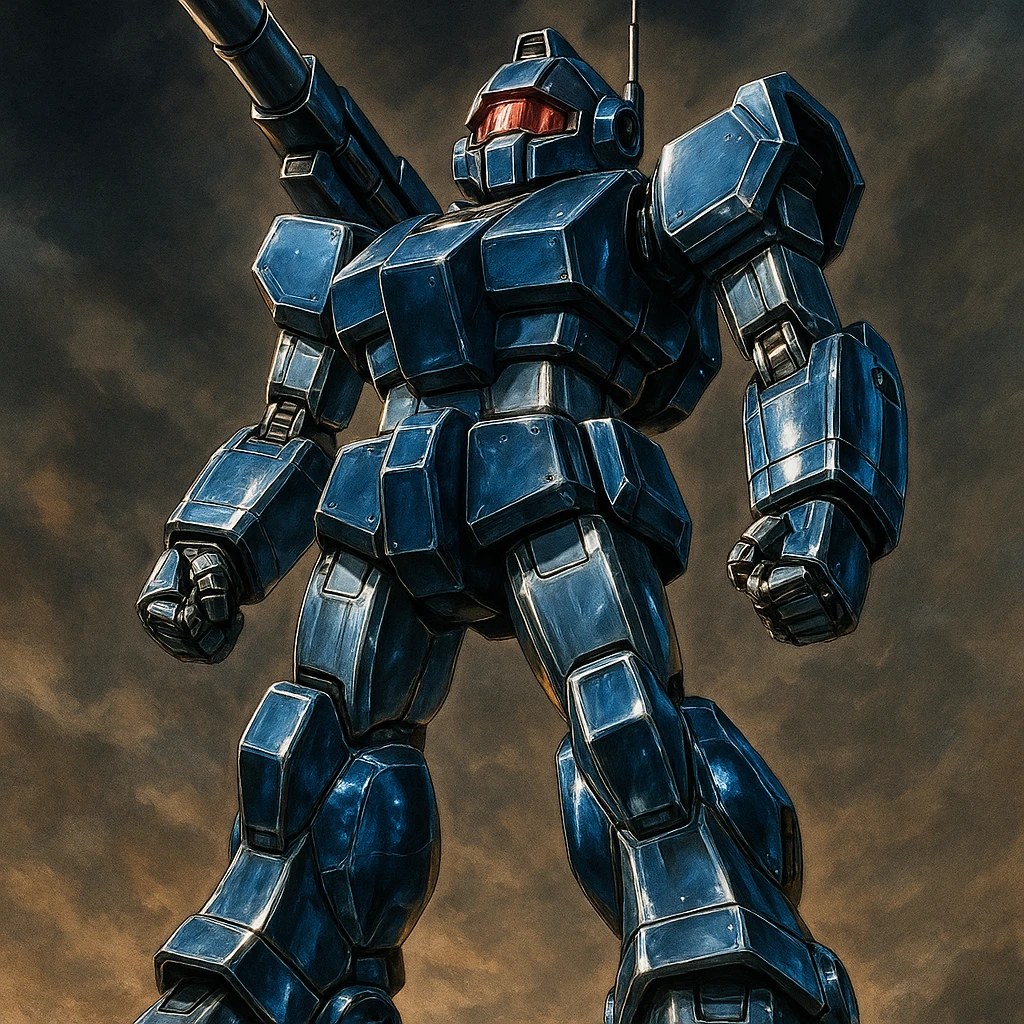 HI-METAL R Dougram, standing, classic anime mecha, metallic blue and gray, heroic stance emoji