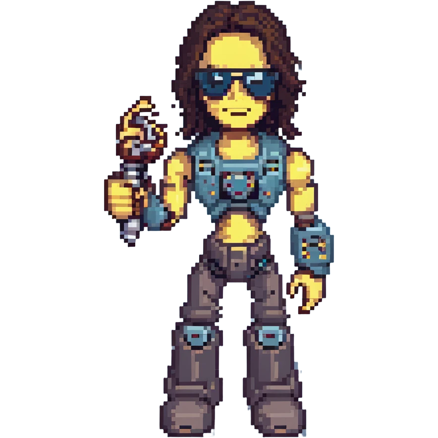 Johnny Silverhand, cyberpunk rockstar with a robotic arm, sunglasses, and a rebellious attitude, pixel art style emoji