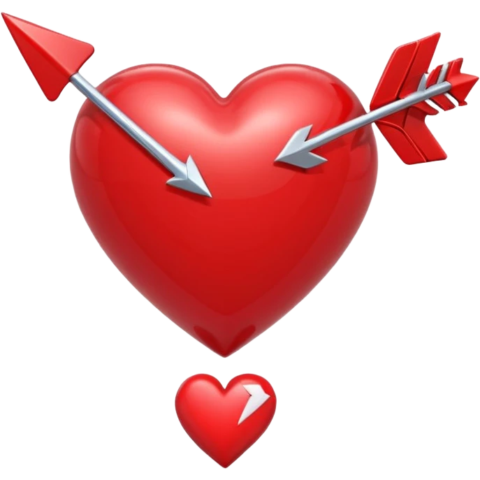 Apple-style 3D illustration of a glossy red heart pierced by a horizontal double-ended arrow. One end of the arrow has a small female symbol, the other end has a small male symbol. The heart is centered, shiny, with soft shadows, floating on a clean white background, minimal and emotional design emoji