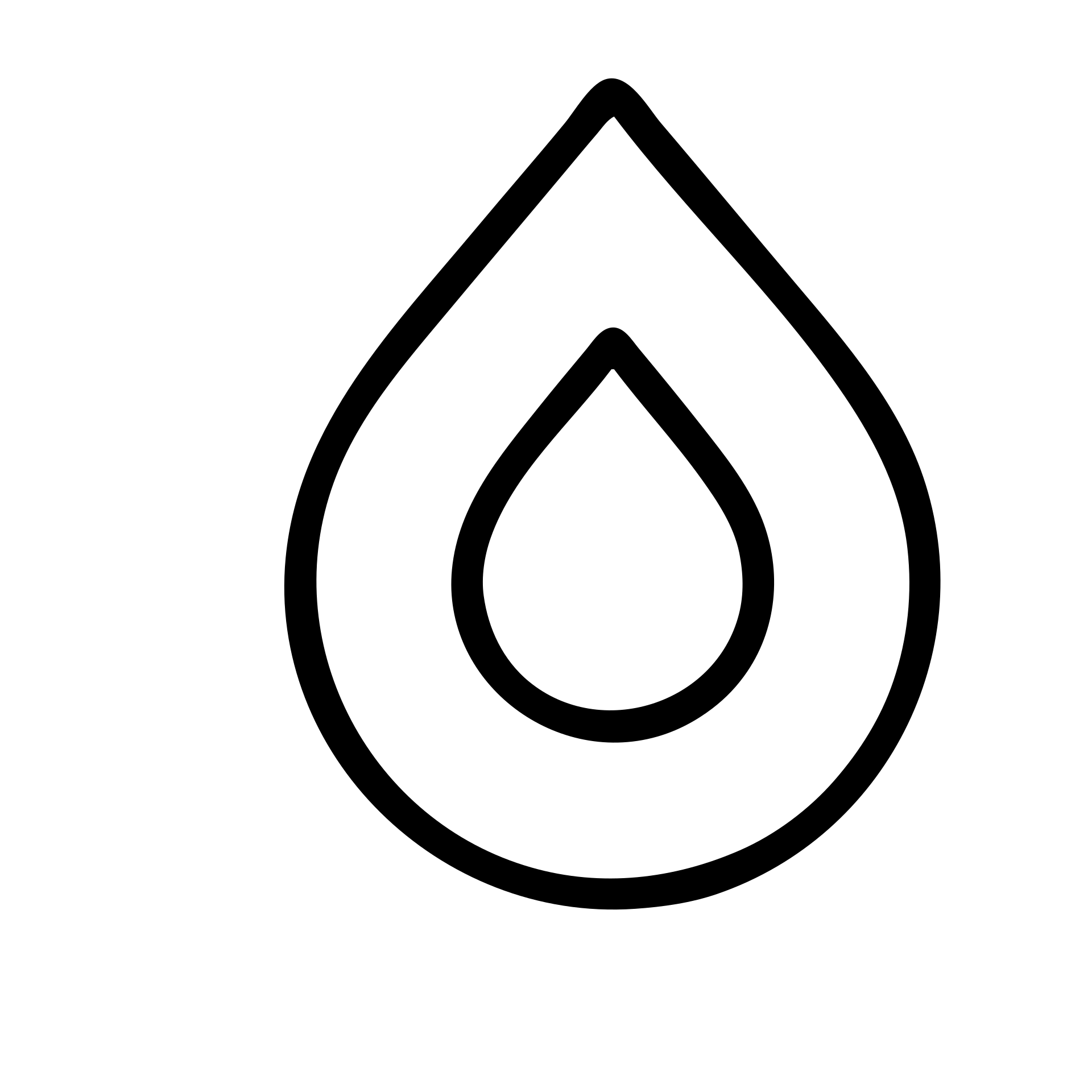 minimalist vector logo of a white rounded water drop pointing upwards with an inverted drop-shaped central cutout, surrounded symmetrically by four rounded cyan blue (#00DFFF) corners forming an incomplete square frame, on a vivid saturated blue (#0000FF) background, geometric, symmetrical, no shading or 3D effect emoji