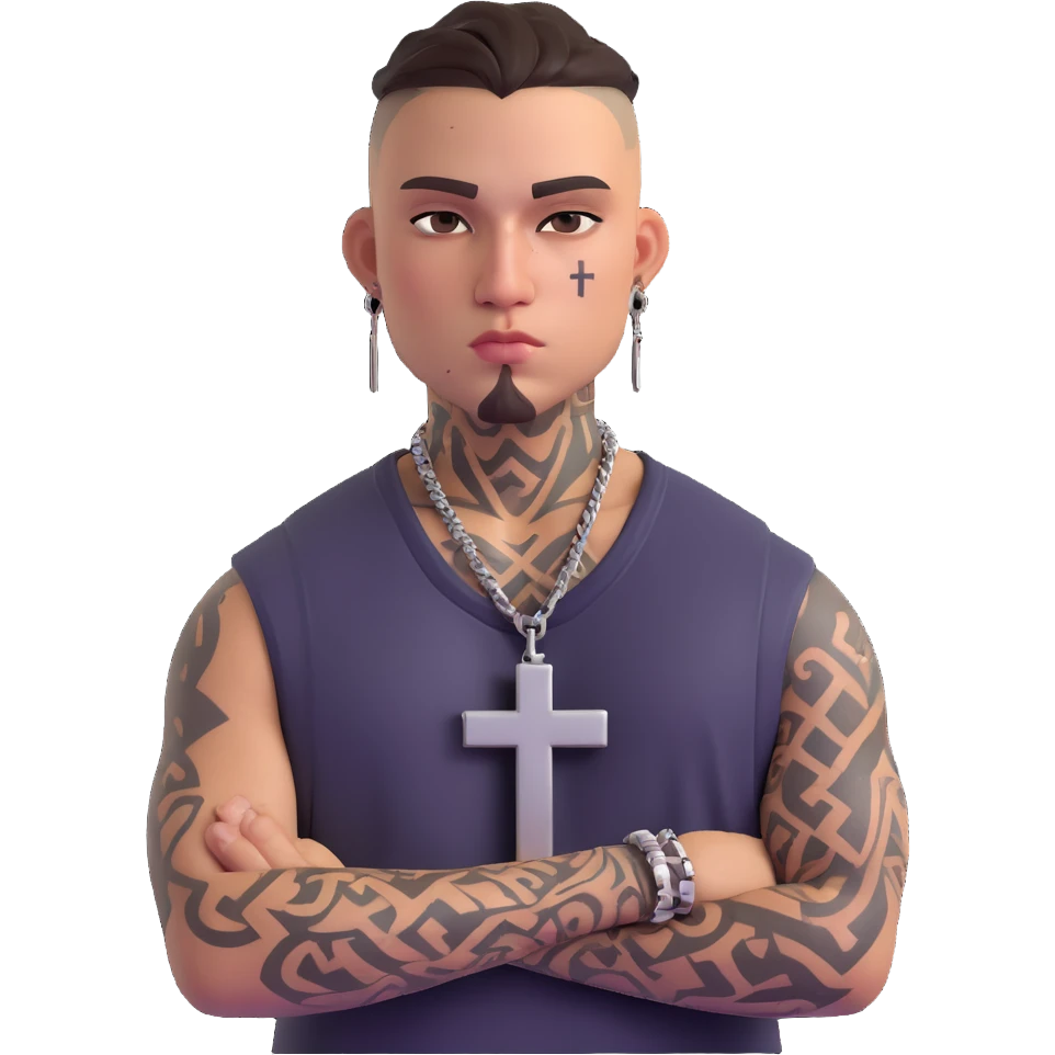 tough gangster with teardrop and cross tattoos on face, wearing streetwear, confident pose emoji