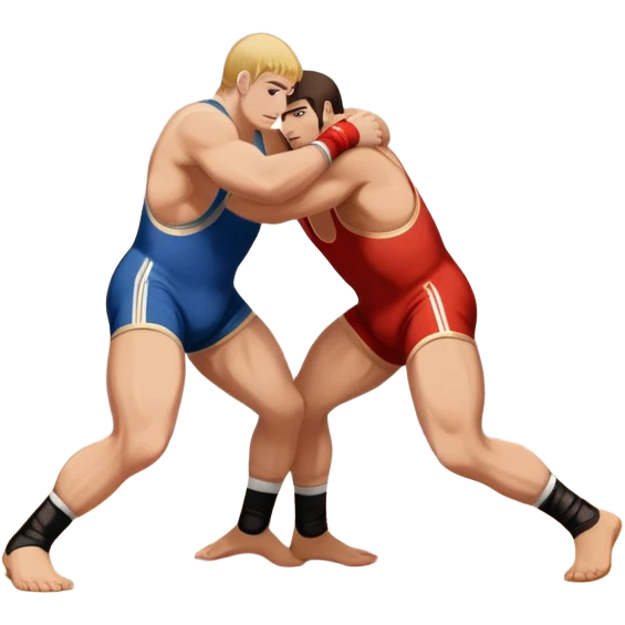 An icon showcasing two wrestlers engaged in a Greco-Roman wrestling match. The athletes are locked in a strong clinch, using their upper bodies to dominate. The background features a wrestling mat and traditional Greco-Roman elements. Transparent background. emoji