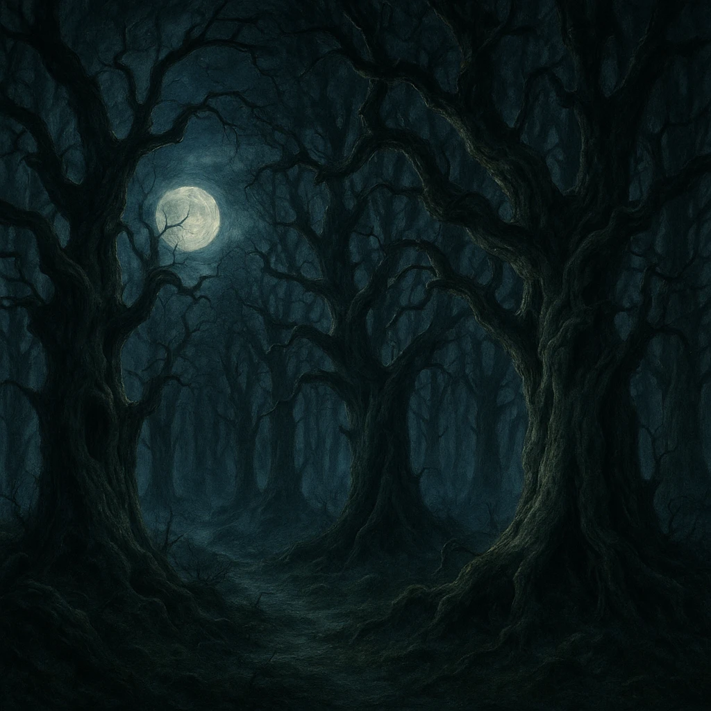 gothic woods with ancient gnarled trees, moonlight, eerie vibe emoji
