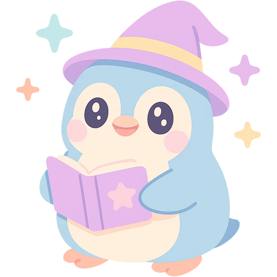 a chubby penguin with a wizard hat, magical sparkles around, and a book of spells emoji