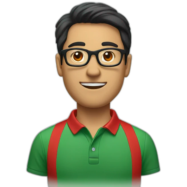 Man with black hair and glasses wearing red polo shirt with green color collar of the shirt emoji